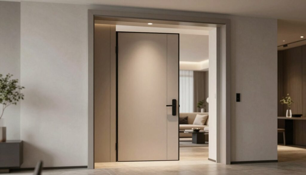 A modern architectural interior showcasing a stylish 90 cm door frame equipped with a contemporary nadproże. In the foreground, highlight the nadproże with clean lines and a sleek finish, emphasizing its structural design. The middle ground features a well-lit entrance area, with the door itself slightly ajar, revealing a glimpse of a modern living space. The background contains subtle design elements like textured walls and minimalist decor, creating an inviting atmosphere. Use soft, natural lighting to accentuate the nadproże and give depth to the image, with a focus on warm tones to evoke a sense of comfort and innovation. The perspective should be slightly angled, capturing the elegance of the interior space.