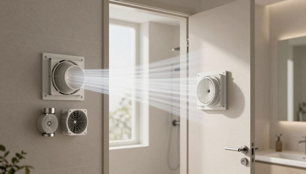 A modern bathroom interior featuring various innovative ventilation solutions. In the foreground, display an artistic arrangement of different types of ventilation ducts installed within a stylish bathroom door. The middle ground should include a sleek door partially open, showcasing air flow dynamics with soft, flowing air illustrations. In the background, natural light streams in through a frosted window, illuminating the space and highlighting the textures of the tiles and fixtures. Emphasize a clean, minimalist design aesthetic with neutral colors, creating a serene atmosphere. Soft shadows should enhance the depth, with a slight angle to capture the details of the door and ventilation systems. The overall mood should feel fresh and inviting, reflecting a thoughtful approach to air circulation in living spaces.