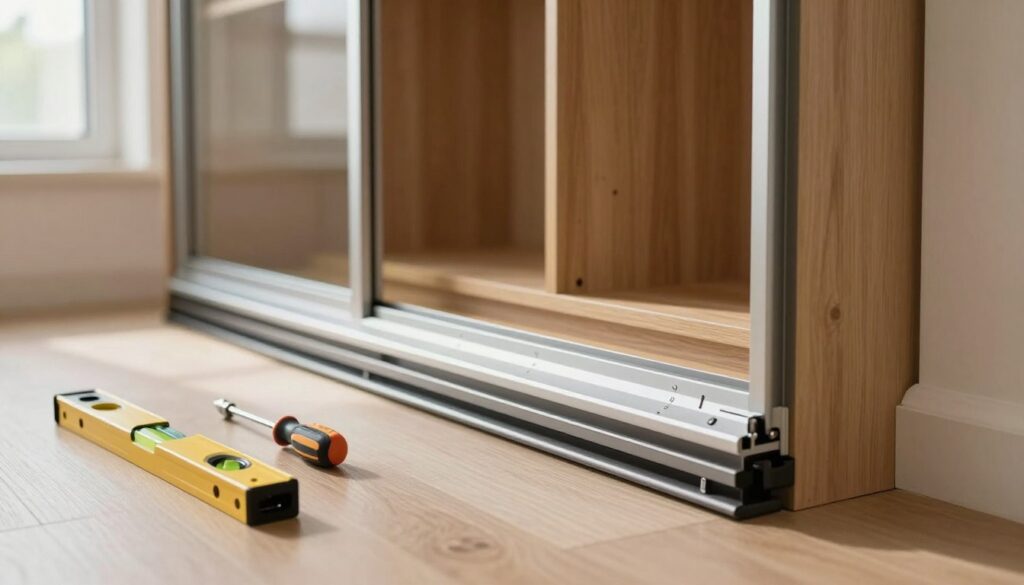 A modern interior showcasing a step-by-step process of installing sliding doors for a wardrobe. In the foreground, a close-up view of a partially installed sliding door with visible rail track and precise measurements. Different tools like a level and screwdriver are neatly arranged beside it. In the middle ground, a stylish wooden wardrobe frame complements the door, highlighting the smooth mechanism of the sliding system. The background reveals a well-lit room with soft natural light streaming through a window, creating a warm atmosphere. The entire scene should evoke a sense of professionalism and DIY spirit, beautifully capturing the meticulous installation process. A modern interior showcasing a step-by-step process of installing sliding doors for a wardrobe. In the foreground, a close-up view of a partially installed sliding door with visible rail track and precise measurements. Different tools like a level and screwdriver are neatly arranged beside it. In the middle ground, a stylish wooden wardrobe frame complements the door, highlighting the smooth mechanism of the sliding system. The background reveals a well-lit room with soft natural light streaming through a window, creating a warm atmosphere. The entire scene should evoke a sense of professionalism and DIY spirit, beautifully capturing the meticulous installation process.