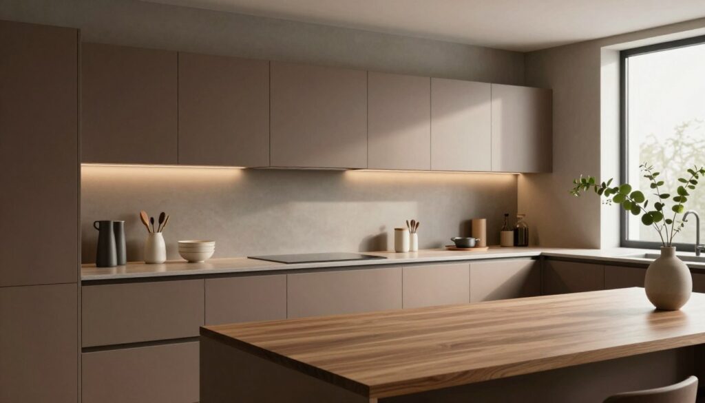 A modern kitchen elegantly styled with brown furniture, showcasing taupe and gray color palettes on the walls. In the foreground, a sleek wooden countertop with minimalistic kitchen tools creates a clean look. The middle section features taupe walls that warm the space, contrasting with the brown cabinets. Soft lighting casts a warm glow, highlighting the subtle textures of the taupe and gray shades. The background includes a large window allowing natural light to stream in, illuminating the harmony of colors while soft shadows add depth. A sprig of greenery in a ceramic vase adds a touch of freshness, conveying an inviting and sophisticated atmosphere perfect for contemporary interiors. High-resolution, shot from a slightly elevated angle to capture the entire kitchen aesthetic. A modern kitchen elegantly styled with brown furniture, showcasing taupe and gray color palettes on the walls. In the foreground, a sleek wooden countertop with minimalistic kitchen tools creates a clean look. The middle section features taupe walls that warm the space, contrasting with the brown cabinets. Soft lighting casts a warm glow, highlighting the subtle textures of the taupe and gray shades. The background includes a large window allowing natural light to stream in, illuminating the harmony of colors while soft shadows add depth. A sprig of greenery in a ceramic vase adds a touch of freshness, conveying an inviting and sophisticated atmosphere perfect for contemporary interiors. High-resolution, shot from a slightly elevated angle to capture the entire kitchen aesthetic.