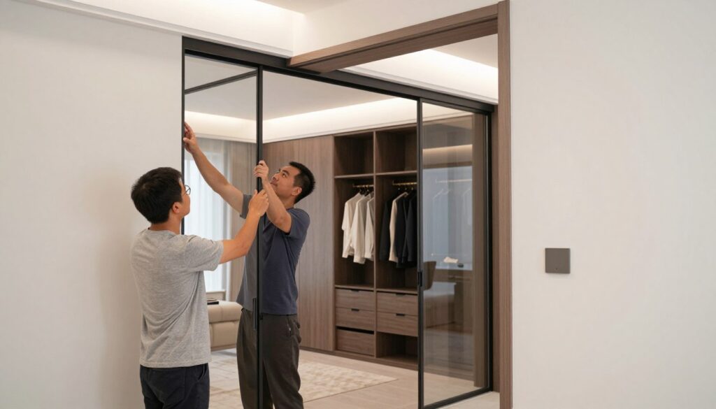 A modern living room featuring a stylish installation of sliding doors. In the foreground, a skilled professional in smart casual attire is carefully aligning the sliding door frame against a smooth wall, demonstrating focus and expertise. The middle ground shows the sleek, glass and wood sliding doors partially open, allowing a glimpse of a cozy closet filled with neatly arranged clothes. The background depicts a well-lit, minimalist interior with soft, ambient lighting, highlighting the elegant design details. The composition captures a sense of clarity and precision in the installation process, conveying professionalism and craftsmanship. The angle is slightly side-view, offering depth and context to the scene, with an inviting atmosphere that enhances the aesthetic appeal.