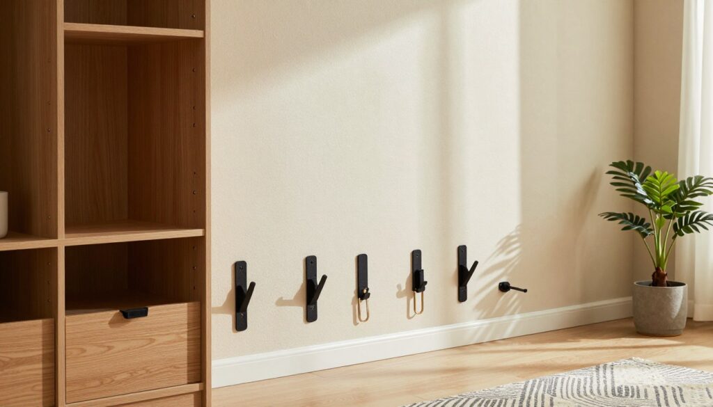 A modern living room scene showcasing alternative methods for stabilizing furniture against a wall without drilling. In the foreground, a sturdy wardrobe is partially set against the wall, with various innovative stabilization tools creatively arranged beside it, such as adhesive wall straps and non-invasive brackets. In the middle, highlight the wall with a textured finish, featuring hooks and anchors strategically placed for secure support. Soft, natural lighting filters through a window, casting gentle shadows across the space, emphasizing the calm and organized atmosphere. The background includes minimalist décor elements, such as a potted plant and a stylish rug, enhancing the warm and inviting mood. An angle slightly above eye level captures the entire scene, focusing on both the furniture and the wall stabilization methods effectively.
