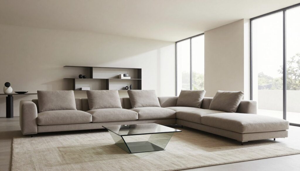 A modern minimalist living room showcasing contemporary furniture design. In the foreground, a sleek, low-profile sofa with clean lines in a muted color, accompanied by a geometric coffee table made of glass and metal. The middle ground features a stylish, open shelving unit displaying a few curated decorative items. In the background, large windows let in natural light, illuminating the space and casting gentle shadows. The room has a light, airy feel with neutral walls and a soft textured rug underfoot. Use a wide-angle lens perspective to capture the spaciousness. Aim for a serene atmosphere that emphasizes simplicity and elegance, suitable for a modern home environment.