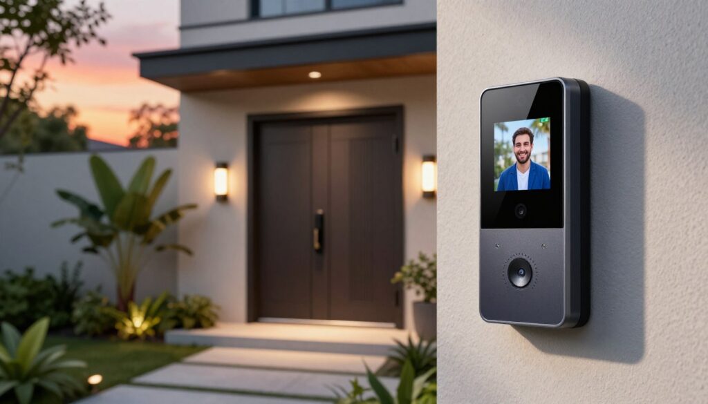 A modern smart home entrance featuring a wideodomofon system. In the foreground, a sleek, high-tech video doorbell with a clear screen displays the image of a friendly visitor. The middle ground showcases a stylish front door with a minimalistic design, surrounded by lush greenery and contemporary outdoor lighting. The background includes a vibrant, sunset sky that casts a warm glow, creating a welcoming atmosphere. The scene is shot from a slight angle to highlight the functionality of the doorbell and its placement. The lighting should be soft yet well-defined, accentuating the advanced technology of the intercom system while maintaining a cozy, sophisticated feel. Overall, the image exudes modernity, security, and elegance. A modern smart home entrance featuring a wideodomofon system. In the foreground, a sleek, high-tech video doorbell with a clear screen displays the image of a friendly visitor. The middle ground showcases a stylish front door with a minimalistic design, surrounded by lush greenery and contemporary outdoor lighting. The background includes a vibrant, sunset sky that casts a warm glow, creating a welcoming atmosphere. The scene is shot from a slight angle to highlight the functionality of the doorbell and its placement. The lighting should be soft yet well-defined, accentuating the advanced technology of the intercom system while maintaining a cozy, sophisticated feel. Overall, the image exudes modernity, security, and elegance.