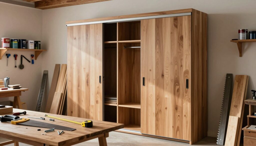 A modern, stylish sliding wardrobe (szafa przesuwna) is the focus of the image, showcasing its sleek, smooth lines and contemporary design. The wardrobe is displayed in a well-lit workshop environment, with essential tools scattered around – a saw, screws, a screwdriver, and measuring tape lie on a sturdy workbench in the foreground. The sliding doors of the wardrobe are slightly ajar, revealing neatly organized shelves inside, all crafted from high-quality wood. In the middle ground, piles of timber and metal tracks intended for the wardrobe's construction are arranged, suggesting an active DIY scene. The background features shelves filled with paint cans and more tools, emphasizing a creative and industrial atmosphere. Soft, warm lighting highlights the texture of the wood, creating an inviting and productive mood suitable for inspiring builders and DIY enthusiasts.