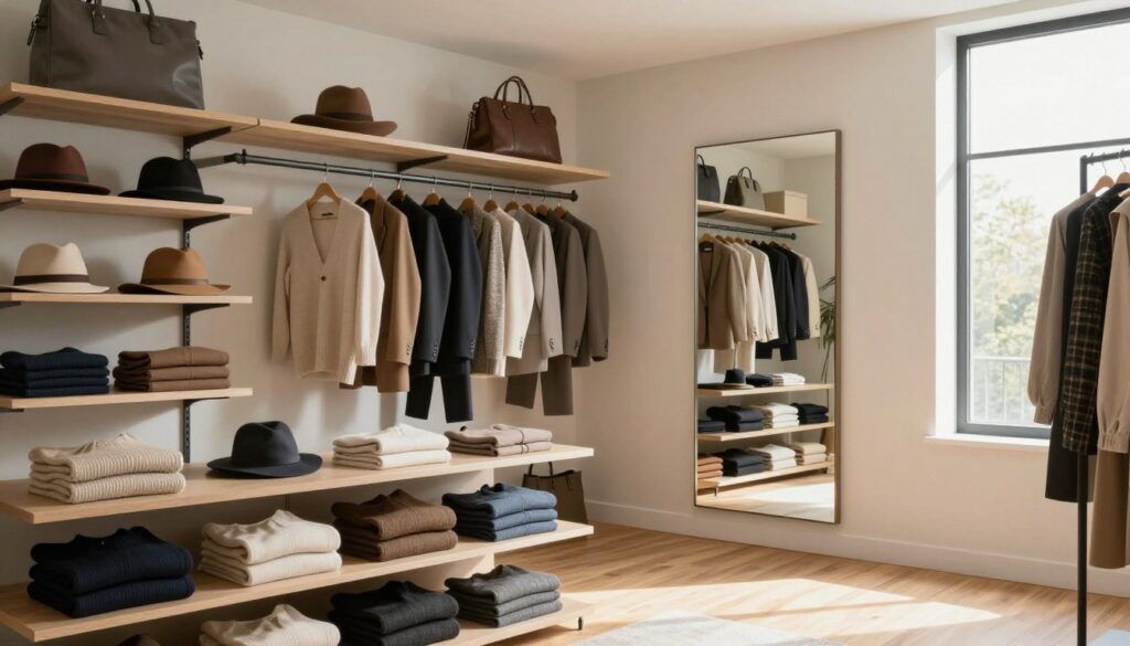 A modern wardrobe space designed for optimal organization and functionality. In the foreground, neatly arranged shelves showcase neatly folded sweaters and accessories like hats and bags. The middle ground features a well-organized section for hanging clothes, displaying a variety of professional business attire, with a full-length mirror reflecting the stylish setup. In the background, natural light streams in through large windows, illuminating the space and creating a warm and inviting atmosphere. The setting is minimalist yet elegant, with soft, neutral colors and a wooden floor that adds warmth. The overall mood is calm and inspiring, perfect for illustrating the concept of efficient wardrobe planning and division of space.
