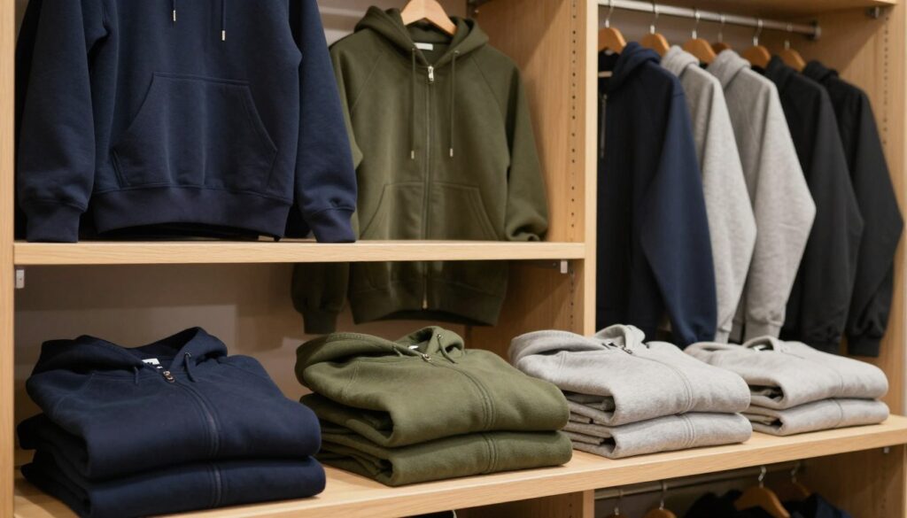 A neatly organized wardrobe showcasing various hooded sweatshirts and zip-up jackets. In the foreground, several hoodies folded neatly on clean wooden shelves, each in different colors like navy blue, olive green, and soft gray, highlighting their textures. In the middle, a stylish open closet space reveals more hoodies arranged without creases, some hanging on elegant wooden hangers. The background features warm, ambient lighting that creates a cozy atmosphere, with soft shadows enhancing the textures of the clothing. The overall composition is inviting and emphasizes the importance of proper storage techniques for maintaining the quality of these garments. Ideal for a lifestyle article focusing on clothing organization.