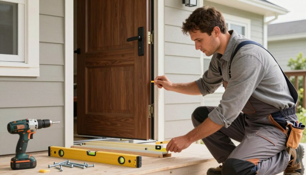 A professional carpenter skillfully installing an external door, focused on the precise leveling and securing of the frame. In the foreground, tools like a level, screws, and a drill are visibly arranged, showcasing the meticulous nature of the task. The carpenter, dressed in a tidy work shirt and pants, exhibits concentration and expertise. In the middle ground, the partially installed door reveals its sturdy construction and clean edges, with a well-fitted frame emphasizing craftsmanship. The background features a residential home, with soft natural lighting illuminating the scene, creating an inviting atmosphere. The overall mood conveys professionalism and attention to detail, with an emphasis on proper techniques for external door installation. A professional carpenter skillfully installing an external door, focused on the precise leveling and securing of the frame. In the foreground, tools like a level, screws, and a drill are visibly arranged, showcasing the meticulous nature of the task. The carpenter, dressed in a tidy work shirt and pants, exhibits concentration and expertise. In the middle ground, the partially installed door reveals its sturdy construction and clean edges, with a well-fitted frame emphasizing craftsmanship. The background features a residential home, with soft natural lighting illuminating the scene, creating an inviting atmosphere. The overall mood conveys professionalism and attention to detail, with an emphasis on proper techniques for external door installation.