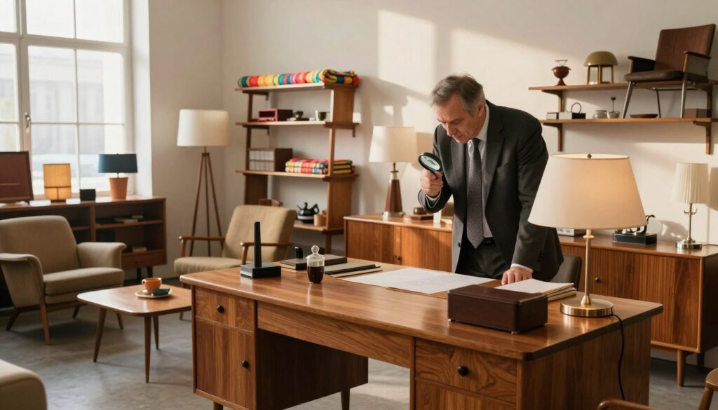 A professional setting showcasing the appraisal of PRL-era furniture. In the foreground, a refined wooden desk is cluttered with mid-century modern furniture pieces including a sleek armchair, a stylish coffee table, and a vintage lamp. A middle-aged male appraiser in business attire carefully examines a piece with a magnifying glass. In the middle ground, shelves display a collection of iconic PRL furniture, accented by colorful textiles and retro decor items. The background features a softly lit room with large windows that allow warm sunlight to filter in, casting gentle shadows. The atmosphere is organized and nostalgic, evoking a sense of appreciation for Polish design heritage. The image has a crisp focus with a slight depth of field to emphasize the furniture details.