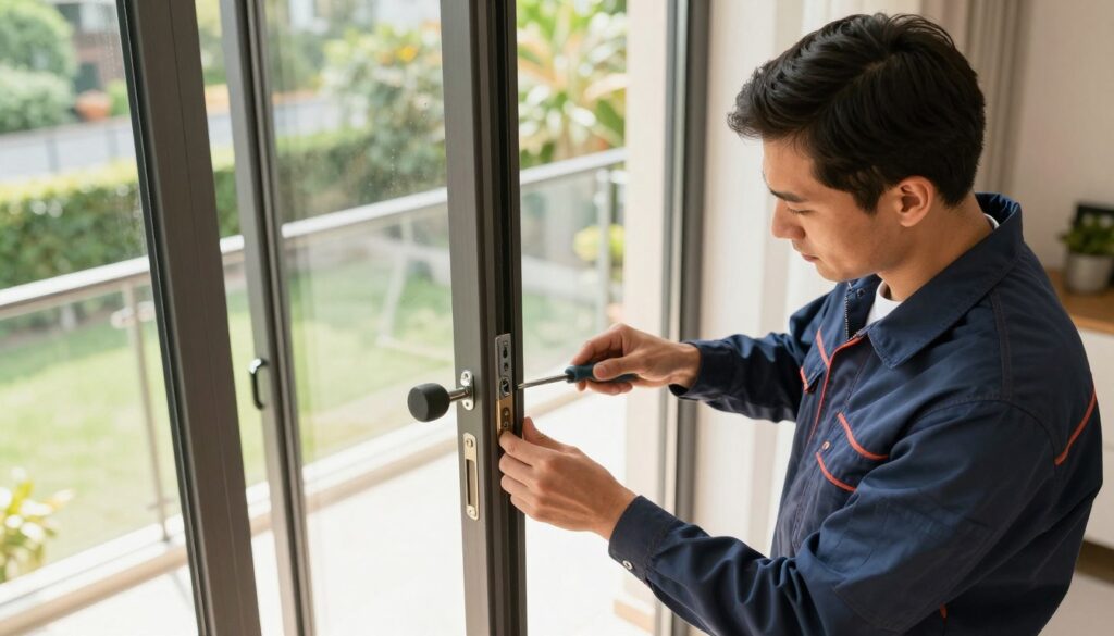 A professional technician in a smart uniform is meticulously adjusting a set of stylish balcony doors in a well-lit, modern home setting. The foreground features the technician, focusing on the door mechanism, highlighting tools such as a screwdriver and a rubber mallet. In the middle ground, the sleek, open balcony doors are framed by bright natural light pouring in, showcasing a view of a serene garden beyond. The background softly displays hints of interior decor, creating a welcoming atmosphere. The overall mood exudes professionalism and expertise, with a warm and inviting light that enhances the detailed textures of the door materials and the technician's attire. The perspective is slightly angled from above to capture both the technician's focused expression and the intricate details of the door's hardware. A professional technician in a smart uniform is meticulously adjusting a set of stylish balcony doors in a well-lit, modern home setting. The foreground features the technician, focusing on the door mechanism, highlighting tools such as a screwdriver and a rubber mallet. In the middle ground, the sleek, open balcony doors are framed by bright natural light pouring in, showcasing a view of a serene garden beyond. The background softly displays hints of interior decor, creating a welcoming atmosphere. The overall mood exudes professionalism and expertise, with a warm and inviting light that enhances the detailed textures of the door materials and the technician's attire. The perspective is slightly angled from above to capture both the technician's focused expression and the intricate details of the door's hardware.
