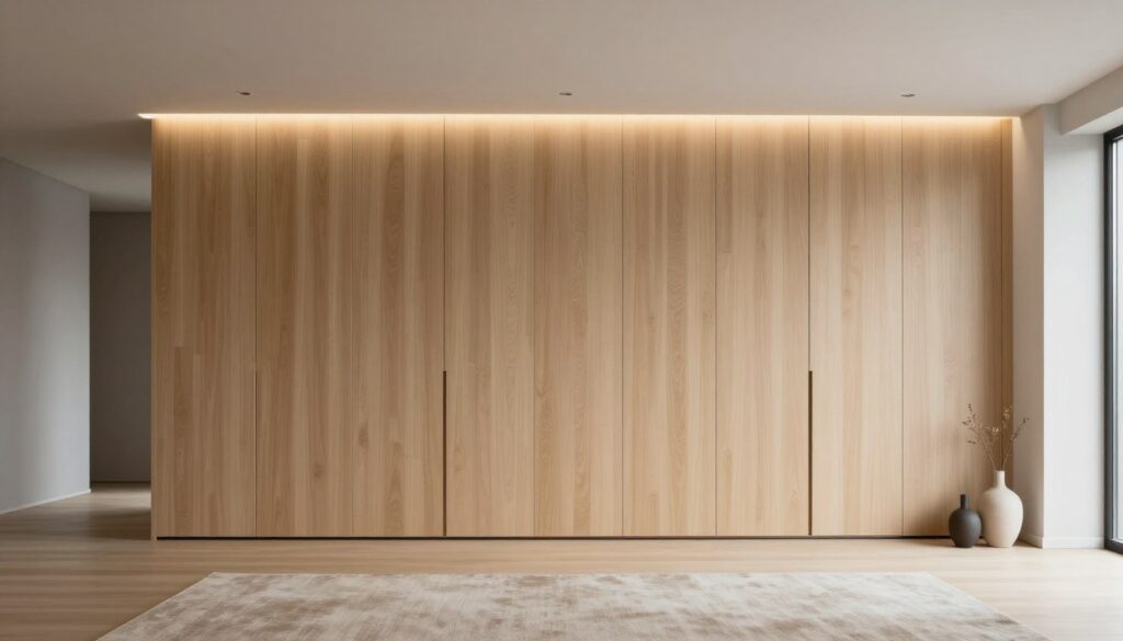 A seamless, floor-to-ceiling wardrobe that blends perfectly into a modern interior. The wardrobe is designed with a hidden front, creating the illusion of a solid wall, made from smooth wood with a light natural finish. In the foreground, soft neutral-toned rugs lead towards the wardrobe, while chic decorative elements, like minimalist vases, add subtle elegance to the space. The middle ground features a spacious room illuminated with warm, diffused lighting from recessed ceiling lights. In the background, the walls are painted in a calming light gray, enhancing the wardrobe's seamless look. No people are present in the scene, highlighting the wardrobe's captivating design in a tranquil, modern living environment.