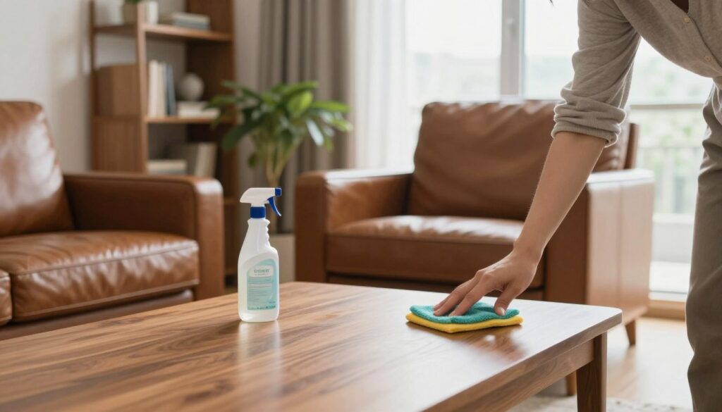 A serene and tidy living room that features both wooden and leather furniture, meticulously cleaned to showcase their rich textures and natural beauty. In the foreground, a professional person in modest casual clothing is gently polishing a wooden coffee table using eco-friendly cleaning products, reflecting a commitment to safe cleaning methods. In the middle ground, a well-maintained leather armchair gleams under soft, natural lighting filtering through a large window, highlighting its smooth surface. The background includes cozy decor elements such as plants and bookshelves, enhancing a warm and inviting atmosphere. The overall mood is calm and pristine, emphasizing the importance of safe cleaning practices for cherished furniture. A serene and tidy living room that features both wooden and leather furniture, meticulously cleaned to showcase their rich textures and natural beauty. In the foreground, a professional person in modest casual clothing is gently polishing a wooden coffee table using eco-friendly cleaning products, reflecting a commitment to safe cleaning methods. In the middle ground, a well-maintained leather armchair gleams under soft, natural lighting filtering through a large window, highlighting its smooth surface. The background includes cozy decor elements such as plants and bookshelves, enhancing a warm and inviting atmosphere. The overall mood is calm and pristine, emphasizing the importance of safe cleaning practices for cherished furniture.