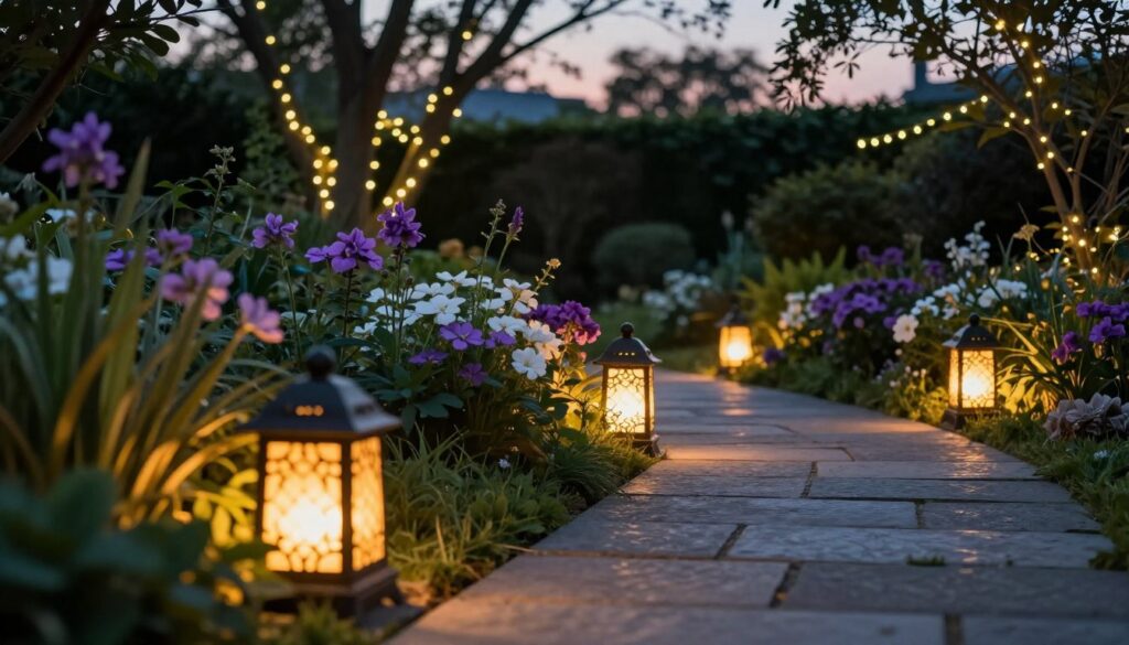 A serene garden at dusk, featuring elegantly designed outdoor lighting and charming lanterns that create a warm and inviting atmosphere. In the foreground, soft glowing lanterns with intricate patterns illuminate a stone pathway lined with lush greenery. In the middle ground, vibrant flowers in soft shades of purple and white are subtly lit by the ambient glow, enhancing their beauty. The background reveals silhouette trees against a twilight sky, with twinkling fairy lights strung between them, casting a magical glow. The entire scene is bathed in a gentle, golden light, evoking a peaceful and cozy mood. The composition is captured from a low angle, focusing on the lighting elements, emphasizing a sense of warmth and tranquility in the garden setting. A serene garden at dusk, featuring elegantly designed outdoor lighting and charming lanterns that create a warm and inviting atmosphere. In the foreground, soft glowing lanterns with intricate patterns illuminate a stone pathway lined with lush greenery. In the middle ground, vibrant flowers in soft shades of purple and white are subtly lit by the ambient glow, enhancing their beauty. The background reveals silhouette trees against a twilight sky, with twinkling fairy lights strung between them, casting a magical glow. The entire scene is bathed in a gentle, golden light, evoking a peaceful and cozy mood. The composition is captured from a low angle, focusing on the lighting elements, emphasizing a sense of warmth and tranquility in the garden setting.