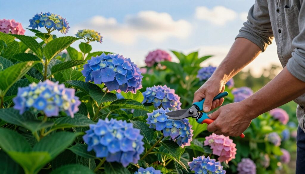 A serene garden scene depicting the careful process of pruning hydrangeas. In the foreground, a gardener, dressed in modest casual clothing, is gently trimming vibrant, blooming hydrangea bushes, showcasing blue and pink flowers. The middle ground features various species of hydrangeas, including the bouquet variety, surrounded by lush green foliage. In the background, a clear blue sky with soft white clouds creates a peaceful atmosphere. The scene is illuminated by warm, golden afternoon light that enhances the colors of the flowers and the greenery. The composition includes a close-up focus on the gardener's hands with pruning shears, capturing the delicate action of pruning with an emphasis on detail and care.