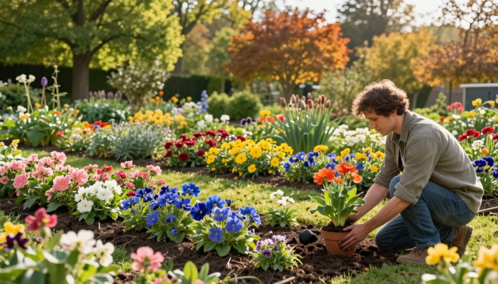 A serene garden scene depicting the optimal seasons for transplanting plants. In the foreground, a gardener in modest casual clothing carefully holds a potted flower, illustrating the act of repotting. In the middle ground, vibrant flowerbeds showcase a variety of blooming plants, symbolizing spring, summer, and autumn with their rich colors—soft pinks, deep blues, and bright yellows. In the background, a tree line indicates the changing seasons, with lush green foliage transitioning to autumn hues. The sunlight bathes the scene in warm, golden light, creating a peaceful and inviting atmosphere. The angle is slightly elevated, giving a broad view of the flourishing garden, evoking a sense of serenity and growth in a well-maintained environment.