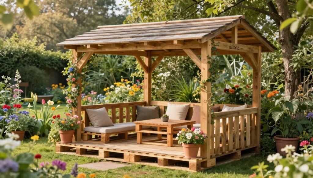 A serene garden scene featuring a beautifully constructed "altana" made of wooden pallets, showcasing a rustic design with open sides and a slanted roof for a cozy outdoor space. In the foreground, a view of the sturdy pallets forming the framework, painted in natural wood tones, adorned with potted flowers and climbing vines. The middle ground reveals a small seating area with comfortable cushions and a wooden table. In the background, a lush garden filled with greenery, colorful flowers, and trees basking in soft, warm sunlight. The mood is inviting and peaceful, captured with a slightly elevated angle to emphasize the altana’s structure. The lighting is soft and natural, enhancing the tranquility of the garden atmosphere. A serene garden scene featuring a beautifully constructed "altana" made of wooden pallets, showcasing a rustic design with open sides and a slanted roof for a cozy outdoor space. In the foreground, a view of the sturdy pallets forming the framework, painted in natural wood tones, adorned with potted flowers and climbing vines. The middle ground reveals a small seating area with comfortable cushions and a wooden table. In the background, a lush garden filled with greenery, colorful flowers, and trees basking in soft, warm sunlight. The mood is inviting and peaceful, captured with a slightly elevated angle to emphasize the altana’s structure. The lighting is soft and natural, enhancing the tranquility of the garden atmosphere.