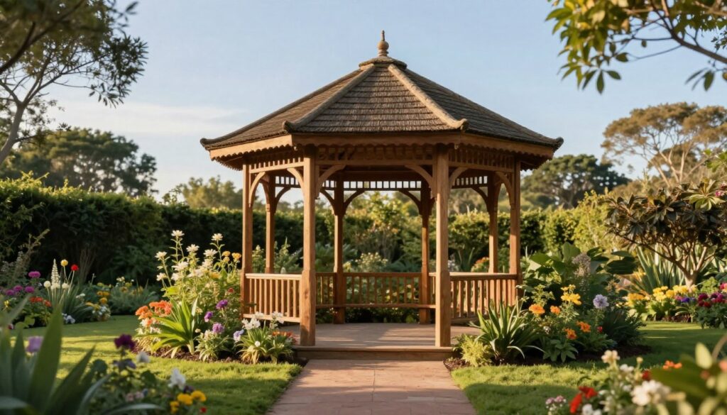 A serene garden scene featuring a beautifully constructed garden gazebo, designed in a classic style. The gazebo is made of natural wood, with intricate latticework and a thatched roof, surrounded by vibrant flowers and lush greenery. In the foreground, a well-kept path leads to the gazebo, inviting viewers to approach. The middle ground showcases the gazebo’s charming details, while the background features softly blurred trees and a clear blue sky, casting dappled sunlight. The atmosphere is tranquil and inspirational, capturing the essence of a perfect garden retreat. The lighting is warm and golden, reminiscent of late afternoon sun. The image should be composed from a low angle to enhance the gazebo's grandeur, emphasizing its role as a centerpiece in the garden. No text or human figures are present. A serene garden scene featuring a beautifully constructed garden gazebo, designed in a classic style. The gazebo is made of natural wood, with intricate latticework and a thatched roof, surrounded by vibrant flowers and lush greenery. In the foreground, a well-kept path leads to the gazebo, inviting viewers to approach. The middle ground showcases the gazebo’s charming details, while the background features softly blurred trees and a clear blue sky, casting dappled sunlight. The atmosphere is tranquil and inspirational, capturing the essence of a perfect garden retreat. The lighting is warm and golden, reminiscent of late afternoon sun. The image should be composed from a low angle to enhance the gazebo's grandeur, emphasizing its role as a centerpiece in the garden. No text or human figures are present.