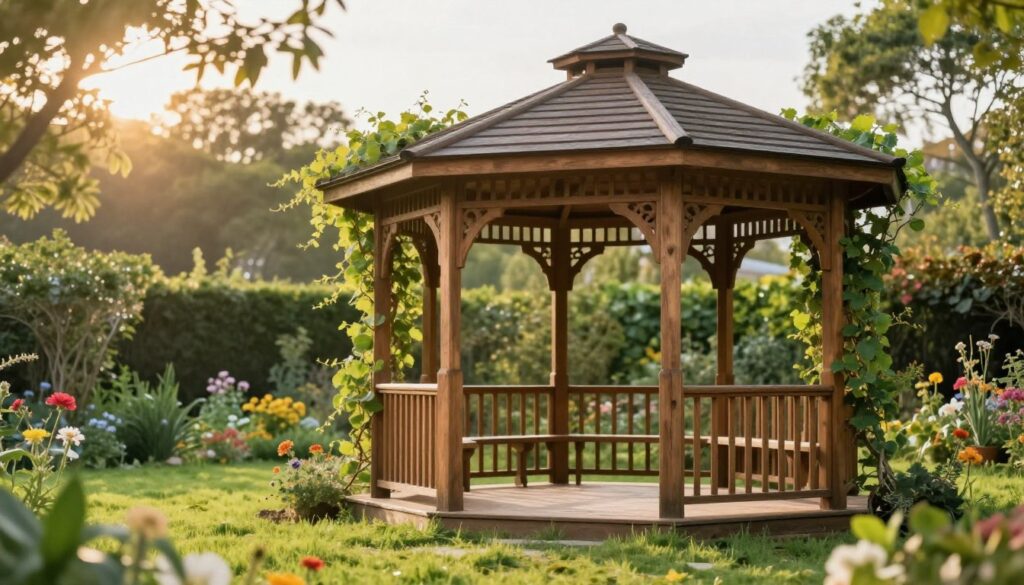 A serene garden scene featuring a beautifully constructed wooden garden gazebo, showcasing intricate details like ornate wooden patterns and a sturdy, inviting structure. In the foreground, lush green grass stretches around the base, while delicate flowers bloom nearby, adding vibrant colors. The middle ground highlights the gazebo's elegant roof, supported by gracefully arched beams, surrounded by climbing vines that enhance its natural charm. In the background, soft-focus trees and shrubs create a tranquil, inviting atmosphere, illuminated by warm, golden sunlight filtering through the leaves. Shot from a slightly low angle to emphasize the grandeur of the gazebo within its relaxing garden setting, evoking feelings of peace and inspiration for DIY enthusiasts.