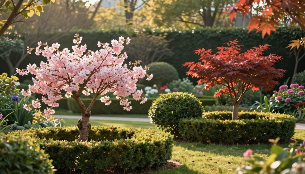 A serene garden scene featuring a variety of decorative small trees suitable for landscaping. In the foreground, showcase an elegant weeping cherry tree with delicate pink blossoms, surrounded by neatly trimmed hedges. The middle ground features compact boxwoods and a small Japanese maple with vibrant red leaves. In the background, soft-focus greenery forms a lush backdrop, including an array of shrubs and flowers in bloom, creating a harmonious blend of colors. The scene is illuminated by warm, golden hour sunlight filtering through the leaves, casting gentle shadows. Capture the tranquility of a well-kept garden while emphasizing the beauty of these ornamental trees in a stylish outdoor setting. A serene garden scene featuring a variety of decorative small trees suitable for landscaping. In the foreground, showcase an elegant weeping cherry tree with delicate pink blossoms, surrounded by neatly trimmed hedges. The middle ground features compact boxwoods and a small Japanese maple with vibrant red leaves. In the background, soft-focus greenery forms a lush backdrop, including an array of shrubs and flowers in bloom, creating a harmonious blend of colors. The scene is illuminated by warm, golden hour sunlight filtering through the leaves, casting gentle shadows. Capture the tranquility of a well-kept garden while emphasizing the beauty of these ornamental trees in a stylish outdoor setting.
