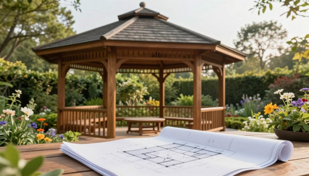 A serene garden scene featuring a well-designed garden gazebo, or "altana," in the foreground, showcasing its wooden structure and beautifully sloped roof. The altana is surrounded by lush greenery, with colorful flowers and shrubs framing the space. In the middle ground, a clear blueprint or architectural drawing of a roof design is partially unfolded on a wooden table, emphasizing the construction planning aspect. The background includes faint outlines of tall trees and a sunny sky, creating a warm and inviting atmosphere. Soft, natural lighting highlights the wood grain of the altana and the intricate details of the architectural plans. The angle is slightly elevated, giving a comprehensive view of the gazebo and its surroundings, with a focus on structural elements. A serene garden scene featuring a well-designed garden gazebo, or "altana," in the foreground, showcasing its wooden structure and beautifully sloped roof. The altana is surrounded by lush greenery, with colorful flowers and shrubs framing the space. In the middle ground, a clear blueprint or architectural drawing of a roof design is partially unfolded on a wooden table, emphasizing the construction planning aspect. The background includes faint outlines of tall trees and a sunny sky, creating a warm and inviting atmosphere. Soft, natural lighting highlights the wood grain of the altana and the intricate details of the architectural plans. The angle is slightly elevated, giving a comprehensive view of the gazebo and its surroundings, with a focus on structural elements.
