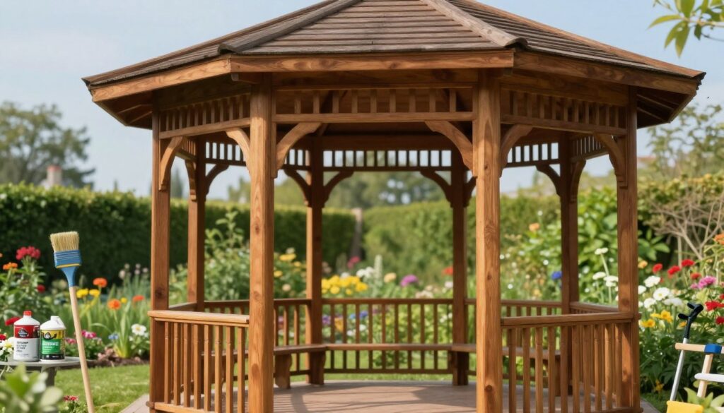 A serene garden scene featuring a wooden gazebo, showcasing the protection of its wooden structure from external elements. In the foreground, focus on the gazebo made from rich, natural wood with a glossy protective finish that highlights its intricate carvings. The middle ground features tools such as brushes and protective coatings, indicating the maintenance process. In the background, a lush green garden with vibrant flowers complements the gazebo, while a clear blue sky adds to the tranquility. Soft, natural lighting enhances the warmth of the wood, and the overall atmosphere is peaceful and inviting, reflecting care for outdoor spaces. The angle captures the gazebo in its entirety, illustrating both beauty and durability.