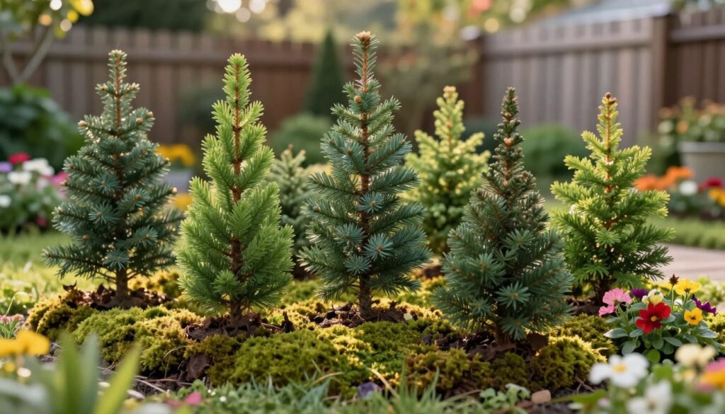 A serene garden scene featuring miniature conifer trees, showcasing various species like dwarf pines and spruces, set in a charming small garden environment. In the foreground, lush green moss and vibrant flowers complement the tiny trees, creating a harmonious blend of colors. The middle ground includes a carefully arranged cluster of these miniature evergreens, demonstrating their unique shapes and textures. In the background, a soft-focus view of a quaint garden fence and a hint of distant shrubbery adds depth. The lighting is warm and inviting, mimicking the golden hour, casting gentle shadows that enhance the tranquility of the scene. The atmosphere is peaceful and idyllic, perfect for illustrating the beauty of dwarf conifer trees in small garden spaces. A serene garden scene featuring miniature conifer trees, showcasing various species like dwarf pines and spruces, set in a charming small garden environment. In the foreground, lush green moss and vibrant flowers complement the tiny trees, creating a harmonious blend of colors. The middle ground includes a carefully arranged cluster of these miniature evergreens, demonstrating their unique shapes and textures. In the background, a soft-focus view of a quaint garden fence and a hint of distant shrubbery adds depth. The lighting is warm and inviting, mimicking the golden hour, casting gentle shadows that enhance the tranquility of the scene. The atmosphere is peaceful and idyllic, perfect for illustrating the beauty of dwarf conifer trees in small garden spaces.
