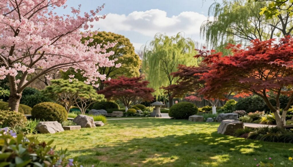 A serene garden scene featuring various ornamental trees, such as flowering cherry, Japanese maple, and weeping willow, showcasing their vibrant foliage in hues of pink, red, and green. In the foreground, a well-manicured lawn with soft sunlight filtering through the leaves, creating playful shadows. The middle ground displays decorative stones and subtle garden pathways leading the eye towards the trees, while the background includes a blue sky with fluffy white clouds, adding a tranquil atmosphere. The lighting is warm and inviting, evoking a peaceful mood. The image should be captured from a slightly elevated angle to provide depth and perspective, emphasizing the beauty and low-maintenance appeal of ornamental trees in a garden setting. A serene garden scene featuring various ornamental trees, such as flowering cherry, Japanese maple, and weeping willow, showcasing their vibrant foliage in hues of pink, red, and green. In the foreground, a well-manicured lawn with soft sunlight filtering through the leaves, creating playful shadows. The middle ground displays decorative stones and subtle garden pathways leading the eye towards the trees, while the background includes a blue sky with fluffy white clouds, adding a tranquil atmosphere. The lighting is warm and inviting, evoking a peaceful mood. The image should be captured from a slightly elevated angle to provide depth and perspective, emphasizing the beauty and low-maintenance appeal of ornamental trees in a garden setting.