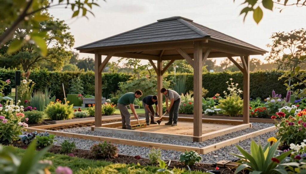 A serene garden scene showcasing a partially constructed garden gazebo, with foundations being prepared. In the foreground, neatly arranged gravel and wooden frames outline the gazebo's base, surrounded by lush greenery and vibrant flowers. In the middle ground, workers in professional attire are carefully leveling the foundation, using tools like a spirit level and a shovel. Behind them, a tranquil garden with trees and blooming plants creates a soothing, natural ambiance. The lighting is soft and warm, suggesting late afternoon sun filtering through the leaves, casting gentle shadows. The camera angle is slightly low, emphasizing the gazebo's structure against the sky. The overall mood is one of peaceful productivity and skilled craftsmanship. A serene garden scene showcasing a partially constructed garden gazebo, with foundations being prepared. In the foreground, neatly arranged gravel and wooden frames outline the gazebo's base, surrounded by lush greenery and vibrant flowers. In the middle ground, workers in professional attire are carefully leveling the foundation, using tools like a spirit level and a shovel. Behind them, a tranquil garden with trees and blooming plants creates a soothing, natural ambiance. The lighting is soft and warm, suggesting late afternoon sun filtering through the leaves, casting gentle shadows. The camera angle is slightly low, emphasizing the gazebo's structure against the sky. The overall mood is one of peaceful productivity and skilled craftsmanship.