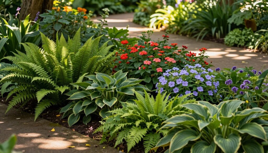 A serene garden scene showcasing a variety of shade-loving ground cover plants. In the foreground, lush green foliage of ferns, hostas, and creeping phlox creates a rich tapestry of colors and textures. The middle ground features clusters of vibrant flowers peeking through the dense greenery, while dappled sunlight filters through overhead trees, casting gentle shadows on the ground. The background reveals a softly blurred expanse of shaded garden paths winding through a peaceful, natural setting. The scene is illuminated by warm, soft lighting, evoking a tranquil and inviting atmosphere, ideal for any garden enthusiast. The angle should capture a slightly elevated view to showcase the layered arrangement of plants, emphasizing their foliage and flowers without any distractions like text or watermarks.