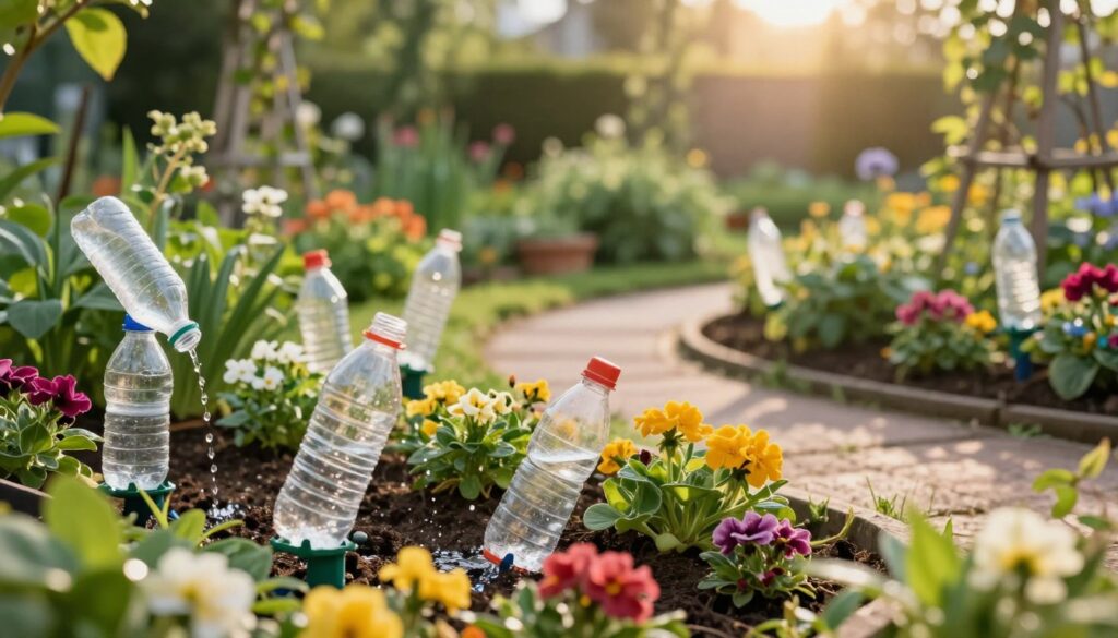 A serene garden scene showcasing creative watering solutions using plastic bottles. In the foreground, several transparent bottles are repurposed as clever drip irrigation systems, tilted at various angles, with water gently trickling from them onto vibrant flower beds. The middle ground features lush green plants flourishing in the sunlight, while a small decorative garden path winds through them. In the background, a soft-focus view of trellised climbing plants adds depth. The lighting is warm and inviting, hinting at a late afternoon sun casting soft shadows. The mood is tranquil and encouraging, emphasizing sustainable gardening and recycling practices. The image should be vibrant, colorful, and engaging, perfect for showcasing innovative garden watering ideas. A serene garden scene showcasing creative watering solutions using plastic bottles. In the foreground, several transparent bottles are repurposed as clever drip irrigation systems, tilted at various angles, with water gently trickling from them onto vibrant flower beds. The middle ground features lush green plants flourishing in the sunlight, while a small decorative garden path winds through them. In the background, a soft-focus view of trellised climbing plants adds depth. The lighting is warm and inviting, hinting at a late afternoon sun casting soft shadows. The mood is tranquil and encouraging, emphasizing sustainable gardening and recycling practices. The image should be vibrant, colorful, and engaging, perfect for showcasing innovative garden watering ideas.