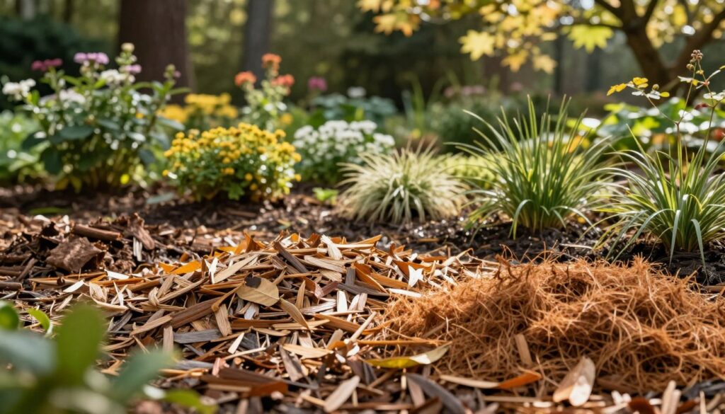 A serene garden scene showcasing safe alternatives to traditional forest bark mulch. In the foreground, various textures of organic mulch made from materials such as shredded leaves, cedar chips, and coconut coir are artfully arranged, highlighting their vibrant colors and natural appearance. In the middle ground, a well-tended garden features a variety of plants, including flowering shrubs and ornamental grasses, creating a lush and inviting space. The background fades into a soft blur of green foliage, suggesting a gentle forest environment. The lighting is warm and natural, with soft sunlight filtering through tree branches, casting dappled shadows across the scene, evoking a peaceful, harmonious atmosphere. The composition captures a tranquil, eco-friendly gardening aesthetic without any human presence.