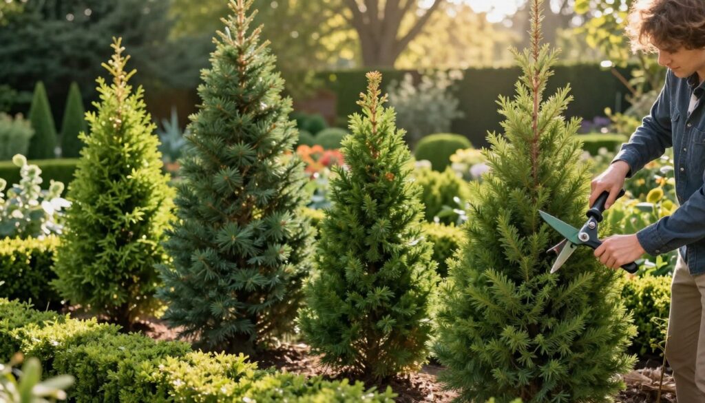 A serene garden scene showcasing various coniferous plants such as pines, spruces, and cedars, meticulously arranged for optimal growth. In the foreground, a person in smart casual attire is carefully pruning a healthy evergreen shrub, demonstrating essential care techniques. The middle ground features a diverse array of lush green conifers in varying heights and shapes, representing different varieties suitable for hedges and garden beds. In the background, a soft-focus landscape reveals a tranquil garden with sunlight filtering through the trees, creating dappled light effects. The atmosphere is calm and nurturing, emphasizing the importance of proper maintenance for these resilient plants. Warm, natural lighting enhances the vibrant colors of the foliage, inviting the viewer into a peaceful horticultural setting.