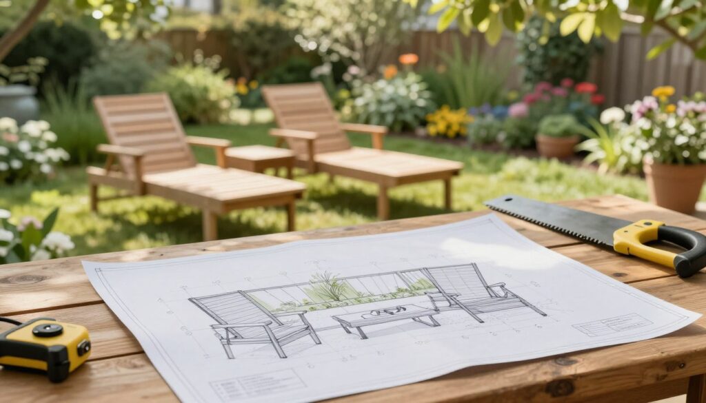A serene garden setting showcasing a detailed plan for garden furniture construction. In the foreground, a beautifully designed blueprint on a wooden table, highlighting ergonomic principles, with a set of elegant lounge chairs and a coffee table sketched in intricate detail. The middle ground features a partially constructed wooden lounge set, with tools like a saw and measuring tape nearby, indicating an ongoing DIY project. The background reveals a lush garden with vibrant green plants and blooming flowers, under soft, dappled sunlight filtering through trees. The mood is tranquil and focused, encouraging creativity and inspiration for garden design. Use a soft-focus lens for a dreamy effect, capturing warmth and a sense of purpose in woodworking. A serene garden setting showcasing a detailed plan for garden furniture construction. In the foreground, a beautifully designed blueprint on a wooden table, highlighting ergonomic principles, with a set of elegant lounge chairs and a coffee table sketched in intricate detail. The middle ground features a partially constructed wooden lounge set, with tools like a saw and measuring tape nearby, indicating an ongoing DIY project. The background reveals a lush garden with vibrant green plants and blooming flowers, under soft, dappled sunlight filtering through trees. The mood is tranquil and focused, encouraging creativity and inspiration for garden design. Use a soft-focus lens for a dreamy effect, capturing warmth and a sense of purpose in woodworking.