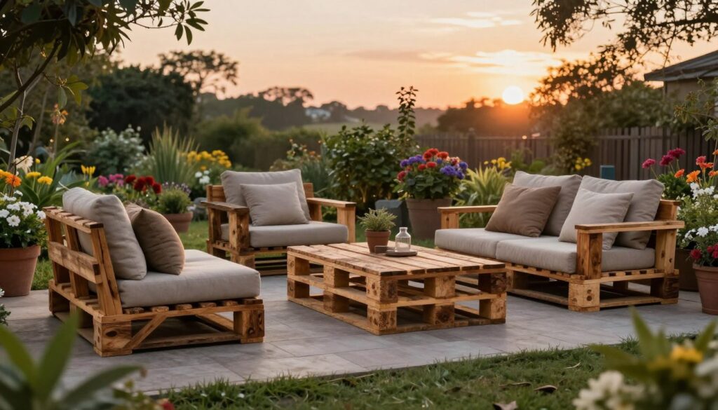 A serene outdoor garden setting featuring stylish and functional garden furniture made from reclaimed wooden pallets. In the foreground, a comfortable lounge chair and a rustic coffee table crafted from sanded and stained pallets, adorned with plush cushions for added comfort. In the middle ground, a cozy seating area surrounded by potted plants and vibrant flowers, showcasing the versatility of pallet furniture. The background includes a softly lit evening sky with warm sunset hues, adding a peaceful ambiance to the scene. Natural light creates gentle shadows, enhancing the textures of the wood. This inviting setup exemplifies sustainable outdoor living, inviting viewers to imagine relaxation in a beautifully curated garden space. A serene outdoor garden setting featuring stylish and functional garden furniture made from reclaimed wooden pallets. In the foreground, a comfortable lounge chair and a rustic coffee table crafted from sanded and stained pallets, adorned with plush cushions for added comfort. In the middle ground, a cozy seating area surrounded by potted plants and vibrant flowers, showcasing the versatility of pallet furniture. The background includes a softly lit evening sky with warm sunset hues, adding a peaceful ambiance to the scene. Natural light creates gentle shadows, enhancing the textures of the wood. This inviting setup exemplifies sustainable outdoor living, inviting viewers to imagine relaxation in a beautifully curated garden space.