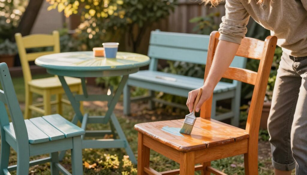 A serene outdoor scene depicting the step-by-step techniques of painting garden furniture. In the foreground, a person (dressed in modest casual clothing) carefully applies a vibrant coat of paint to a rustic wooden chair, showcasing a detailed brush technique. The middle ground features an array of colorful, half-painted furniture: a table and a bench, highlighting various painting methods, like sponging and stenciling. The background reveals a lush garden setting bathed in warm, golden afternoon light, with soft shadows cast by surrounding trees. The composition conveys a relaxed, creative atmosphere, inviting viewers to explore the art of transforming garden furniture with protective, weather-resistant finishes. The overall image should have a soft focus, capturing the essence of craftsmanship and care.