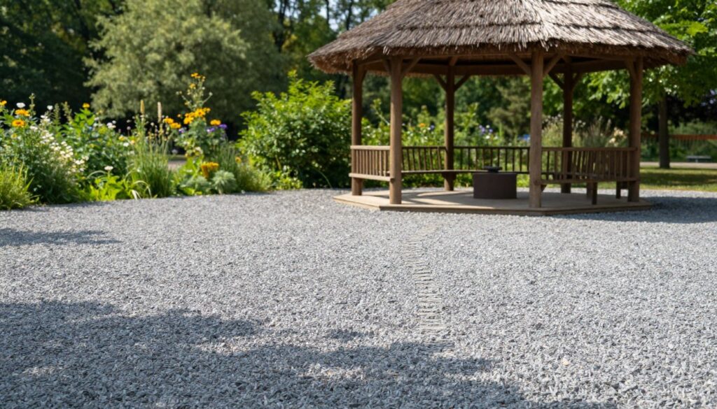 A serene outdoor scene featuring a seasonal gazebo (altana) surrounded by a bed of fine gray gravel (żwir grys) under soft sunlight. In the foreground, the textured surface of the gravel creates a natural path leading to the gazebo, which is constructed from wood with a thatched roof. The middle ground showcases lush green foliage with vibrant wildflowers, enhancing the peaceful atmosphere. The background consists of blurred trees providing a sense of depth. The lighting creates gentle shadows, emphasizing the serene and inviting mood of the area. The image is captured from a slightly elevated angle, providing a comprehensive view of the gazebo and its gravel foundation, evoking a sense of tranquility and outdoor comfort. A serene outdoor scene featuring a seasonal gazebo (altana) surrounded by a bed of fine gray gravel (żwir grys) under soft sunlight. In the foreground, the textured surface of the gravel creates a natural path leading to the gazebo, which is constructed from wood with a thatched roof. The middle ground showcases lush green foliage with vibrant wildflowers, enhancing the peaceful atmosphere. The background consists of blurred trees providing a sense of depth. The lighting creates gentle shadows, emphasizing the serene and inviting mood of the area. The image is captured from a slightly elevated angle, providing a comprehensive view of the gazebo and its gravel foundation, evoking a sense of tranquility and outdoor comfort.