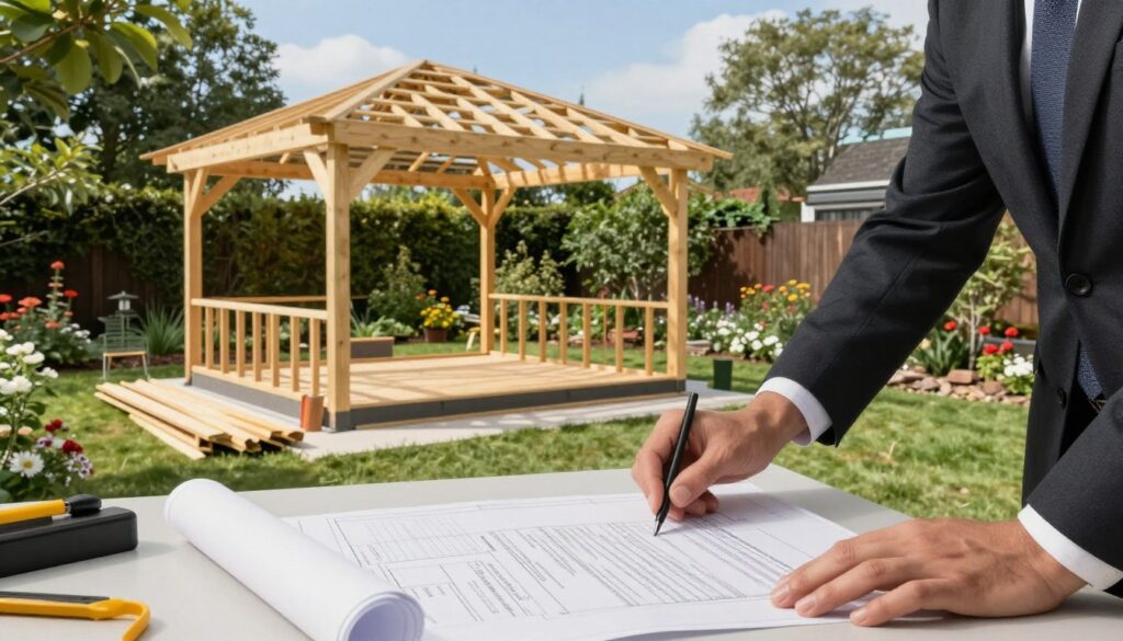 A serene outdoor setting showcasing a well-organized workspace for the legal formalities involved in building a garden gazebo. In the foreground, a professional-looking person in business attire is reviewing blueprints and legal documents spread on a table. In the middle, there’s a partially constructed gazebo with wood materials and tools carefully arranged around, symbolizing the construction phase. In the background, a lush garden with trees and flowers adds to the atmosphere, while a clear blue sky provides soft, natural lighting. The scene conveys a sense of diligence and professionalism, capturing the essence of legal processes regarding home renovations and outdoor structures, emphasizing clarity and order. A serene outdoor setting showcasing a well-organized workspace for the legal formalities involved in building a garden gazebo. In the foreground, a professional-looking person in business attire is reviewing blueprints and legal documents spread on a table. In the middle, there’s a partially constructed gazebo with wood materials and tools carefully arranged around, symbolizing the construction phase. In the background, a lush garden with trees and flowers adds to the atmosphere, while a clear blue sky provides soft, natural lighting. The scene conveys a sense of diligence and professionalism, capturing the essence of legal processes regarding home renovations and outdoor structures, emphasizing clarity and order.
