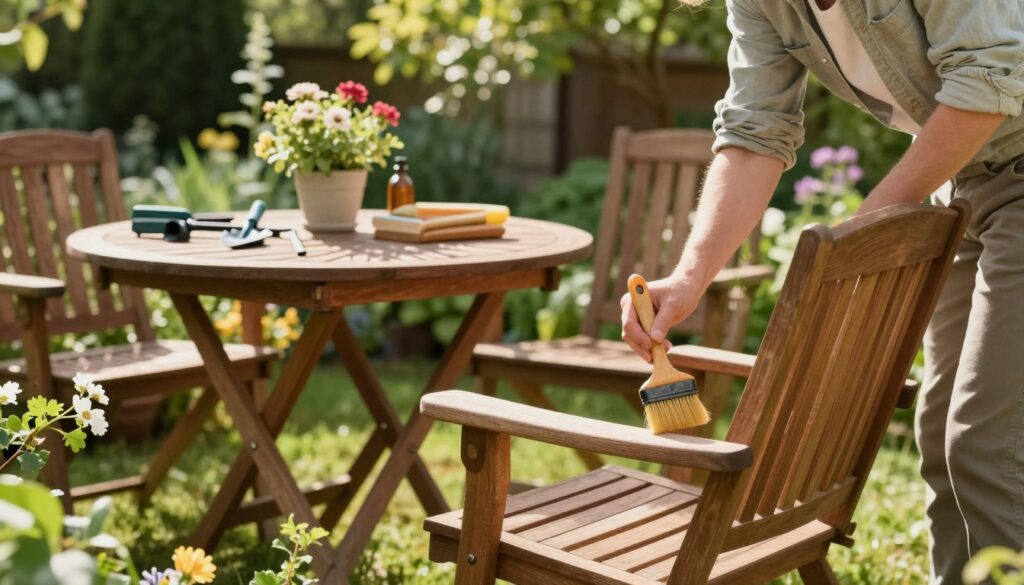 A serene outdoor setting showcasing seasonal care and maintenance of garden furniture. In the foreground, a person in modest casual clothing is applying a protective finish to a wooden patio chair using a brush. The middle ground features a well-maintained wooden table and various garden tools neatly arranged. Lush greenery and a few blooming flowers surround the furniture, giving a lively yet tranquil atmosphere. In the background, sunlight filters through trees, casting soft shadows on the furniture, enhancing the warm, inviting mood of a sunny day. The image should have a slight depth of field to emphasize the person and the furniture while keeping the background softly blurred, creating a peaceful ambiance conducive to outdoor care and maintenance.