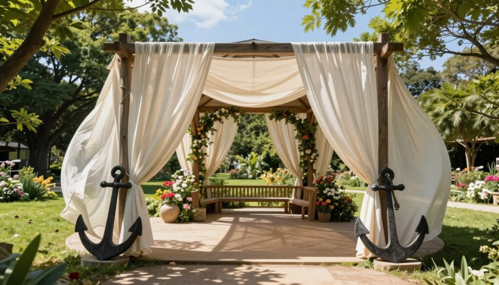 A serene outdoor space featuring a beautifully designed gazebo with flowing curtains, secured against strong winds. In the foreground, display sturdy anchors and weights holding down the fabric drapes, which flutter gently in the breeze. The middle ground showcases the gazebo, made of rustic wood, adorned with vibrant foliage and blooming flowers. Soft, dappled sunlight filters through the greenery, casting inviting shadows around the setting. In the background, a peaceful garden or park can be seen, with lush grass and a clear blue sky. The atmosphere is calm yet dynamic, conveying the essence of stability in outdoor fabric installations. Use a wide-angle lens to capture the full context of the scene, emphasizing the interaction between the fabrics and the surrounding nature.