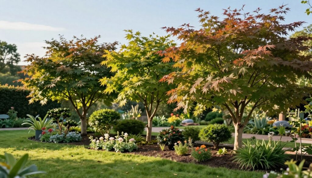 A serene small garden featuring a variety of small trees with controlled growth, such as Japanese maples, dwarf fruit trees, and ornamental shrubs. In the foreground, a lush green lawn with a few delicate flower beds. The middle ground showcases these small trees, displaying vivid foliage in shades of green and subtle autumn hues, with their gentle branches creating an inviting canopy. The background reveals a soft, blurred image of distant garden elements, enhancing the sense of tranquility. The scene is bathed in warm afternoon sunlight, casting gentle shadows and creating a peaceful atmosphere. Capture this view with a slight upward angle to emphasize the trees against a clear blue sky, ensuring the image evokes harmony and balance in a small garden setting. A serene small garden featuring a variety of small trees with controlled growth, such as Japanese maples, dwarf fruit trees, and ornamental shrubs. In the foreground, a lush green lawn with a few delicate flower beds. The middle ground showcases these small trees, displaying vivid foliage in shades of green and subtle autumn hues, with their gentle branches creating an inviting canopy. The background reveals a soft, blurred image of distant garden elements, enhancing the sense of tranquility. The scene is bathed in warm afternoon sunlight, casting gentle shadows and creating a peaceful atmosphere. Capture this view with a slight upward angle to emphasize the trees against a clear blue sky, ensuring the image evokes harmony and balance in a small garden setting.