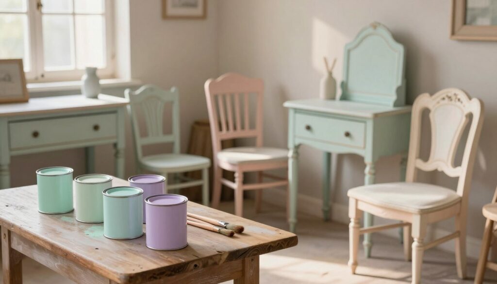 A serene vintage workshop filled with an array of beautifully crafted wooden furniture pieces painted in soft, chalky pastel hues. In the foreground, a rustic table displays open cans of chalk paint in shades of faded mint green, soft lavender, and delicate peach, with brushes resting beside them. The middle ground features elegantly painted chairs and a small dresser, their surfaces showing the unique texture of chalk paint and subtle distressing. In the background, warm natural light filters through a window, casting soft golden rays across the space, highlighting the charming imperfections of each piece. The atmosphere is inviting and nostalgic, evoking a sense of creativity and timeless beauty in vintage craftsmanship.