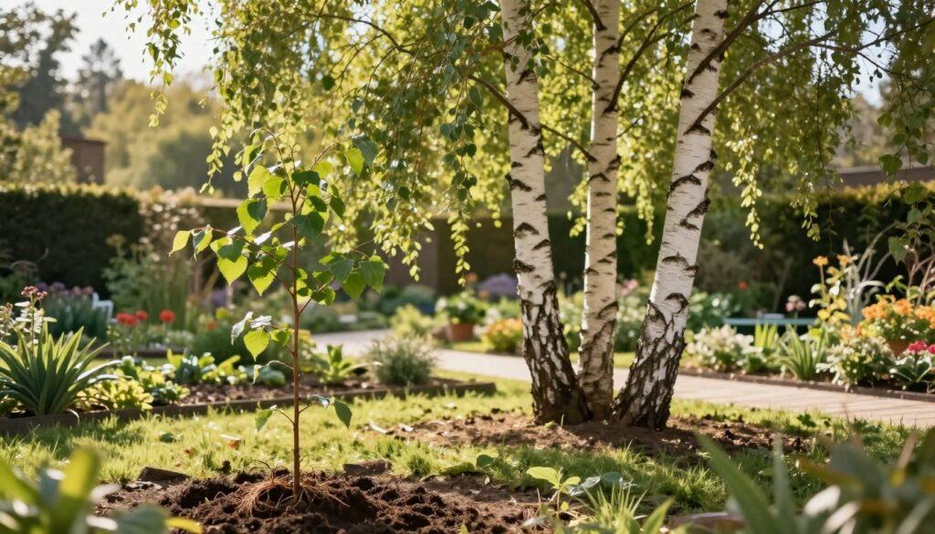 A serene, well-maintained garden featuring different varieties of birch trees at various growth stages, showcasing their specific cultivation requirements. In the foreground, a close-up view of a healthy young birch sapling with fresh green leaves and visible root structure, symbolizing the planting process. In the middle ground, several mature birch trees stand tall, displaying their characteristic white bark and delicate, fluttering leaves in a gentle breeze. The background features a soft-focus garden landscape with sun-dappled paths and other ornamental plants. The scene is bathed in warm, golden sunlight, creating a peaceful and inviting atmosphere. The composition emphasizes growth, cultivation, and the beauty of these trees in both small and large garden spaces, captured with a slightly elevated angle to showcase depth.