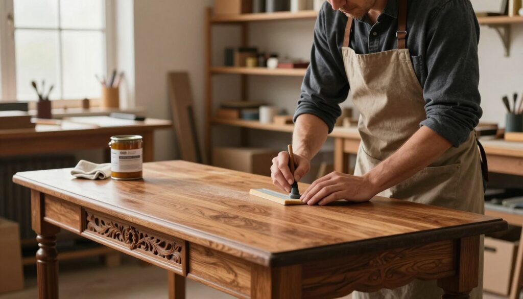 A serene workshop scene focused on maintaining restored wooden furniture. In the foreground, a skilled artisan wearing a modest apron gently sands the surface of an intricately carved wooden table, showcasing a blend of rich wood tones. Beside them, a can of natural wood polish and a soft cloth lie ready for use. In the middle ground, shelves filled with various woodworking tools and small restoration supplies add depth to the scene. The background features warm, ambient lighting streaming through a large window, creating a welcoming atmosphere. The overall mood conveys care, craftsmanship, and the joy of preserving furniture, inviting viewers to appreciate the nurturing aspect of furniture maintenance.