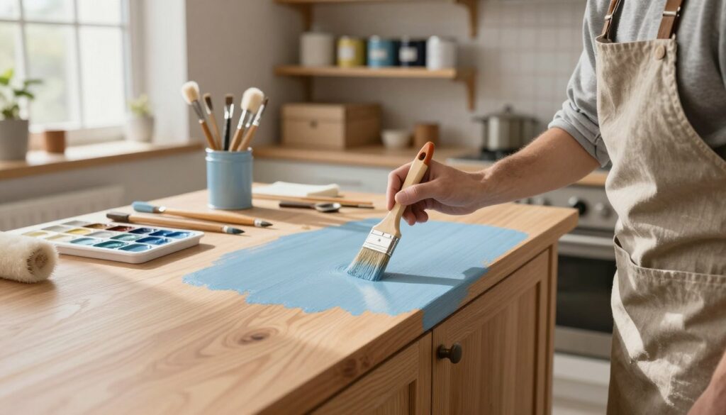 A serene workshop setting where a skilled artisan applies paint to a wooden kitchen cabinet. In the foreground, the artisan, dressed in a modest work apron, gently uses a paintbrush to layer a soft blue color on the cabinet's surface, highlighting the intricate grain of the wood. The middle ground showcases a variety of painting tools: brushes, rollers, and a tray with different paint shades, arranged thoughtfully for easy access. The background features shelves lined with small cans of paint and an assortment of kitchen furniture awaiting transformation. Soft, natural light filters through a large window, casting gentle shadows and creating a warm, inviting atmosphere. The overall mood conveys focus, creativity, and craftsmanship, emphasizing the techniques of applying paint for a durable finish.