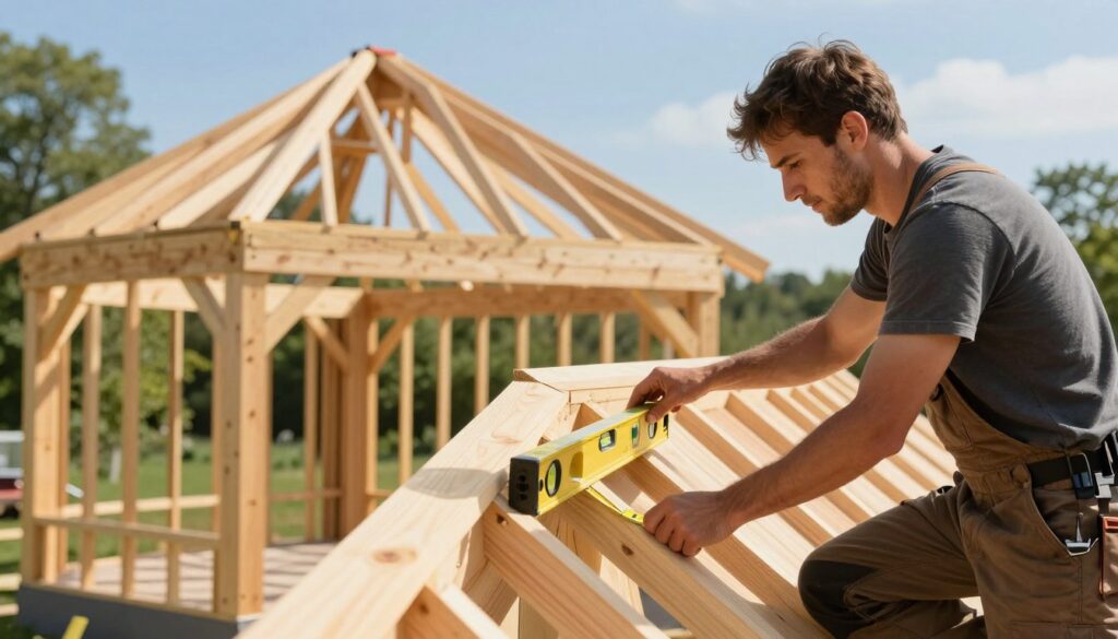 A skilled carpenter in modest casual clothing working meticulously on the installation of roof rafters for a gabled roof structure. In the foreground, the carpenter uses a measuring tape and level, ensuring precise alignment of the rafters. The middle ground features a partially constructed wooden gazebo with a framework of rafters and horizontal beams, showcasing the connection between the wall plate and the rafters. The background includes a bright blue sky and lush greenery, suggesting a sunny day. Soft, natural lighting illuminates the scene, casting gentle shadows that enhance the three-dimensionality of the woodwork. The ambiance is focused and industrious, capturing the essence of craftsmanship in roofing construction. A skilled carpenter in modest casual clothing working meticulously on the installation of roof rafters for a gabled roof structure. In the foreground, the carpenter uses a measuring tape and level, ensuring precise alignment of the rafters. The middle ground features a partially constructed wooden gazebo with a framework of rafters and horizontal beams, showcasing the connection between the wall plate and the rafters. The background includes a bright blue sky and lush greenery, suggesting a sunny day. Soft, natural lighting illuminates the scene, casting gentle shadows that enhance the three-dimensionality of the woodwork. The ambiance is focused and industrious, capturing the essence of craftsmanship in roofing construction.