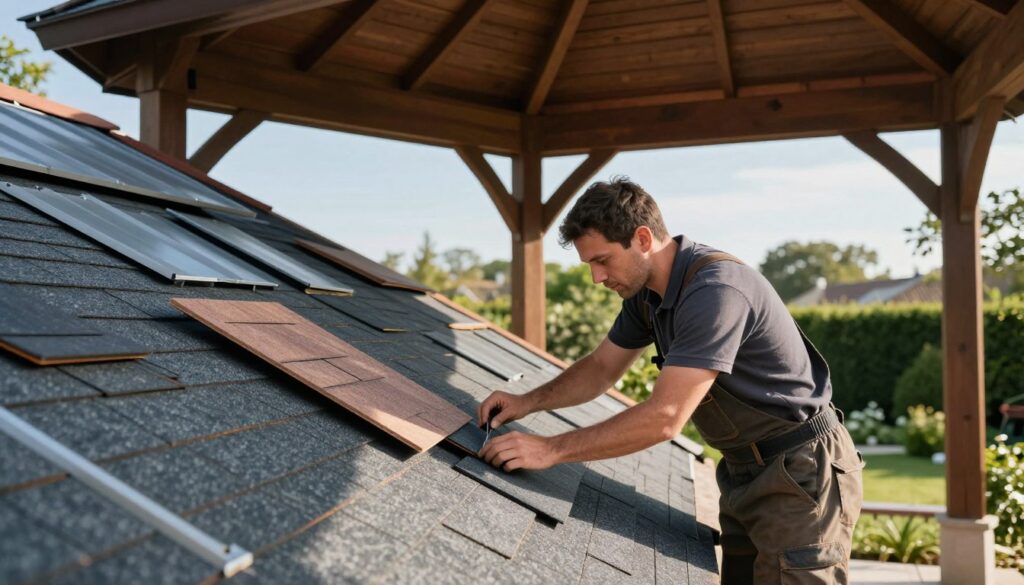 A skilled craftsman expertly laying roofing materials on a wooden gazebo, demonstrating various techniques for roof installation. In the foreground, the craftsman wears professional attire, focused on aligning shingles with precision. The middle ground features a partially completed sloped roof, showcasing different materials such as shingles, metal sheets, or tiles, emphasizing the diversity in roofing options. In the background, a serene garden setting enhances the atmosphere, with trees and a clear blue sky. Soft natural lighting casts gentle shadows, highlighting the craftsmanship involved. The angle captures the craftsmanship from slightly below, emphasizing the height and structure of the gazebo while drawing attention to the detailed roofing work. A skilled craftsman expertly laying roofing materials on a wooden gazebo, demonstrating various techniques for roof installation. In the foreground, the craftsman wears professional attire, focused on aligning shingles with precision. The middle ground features a partially completed sloped roof, showcasing different materials such as shingles, metal sheets, or tiles, emphasizing the diversity in roofing options. In the background, a serene garden setting enhances the atmosphere, with trees and a clear blue sky. Soft natural lighting casts gentle shadows, highlighting the craftsmanship involved. The angle captures the craftsmanship from slightly below, emphasizing the height and structure of the gazebo while drawing attention to the detailed roofing work.