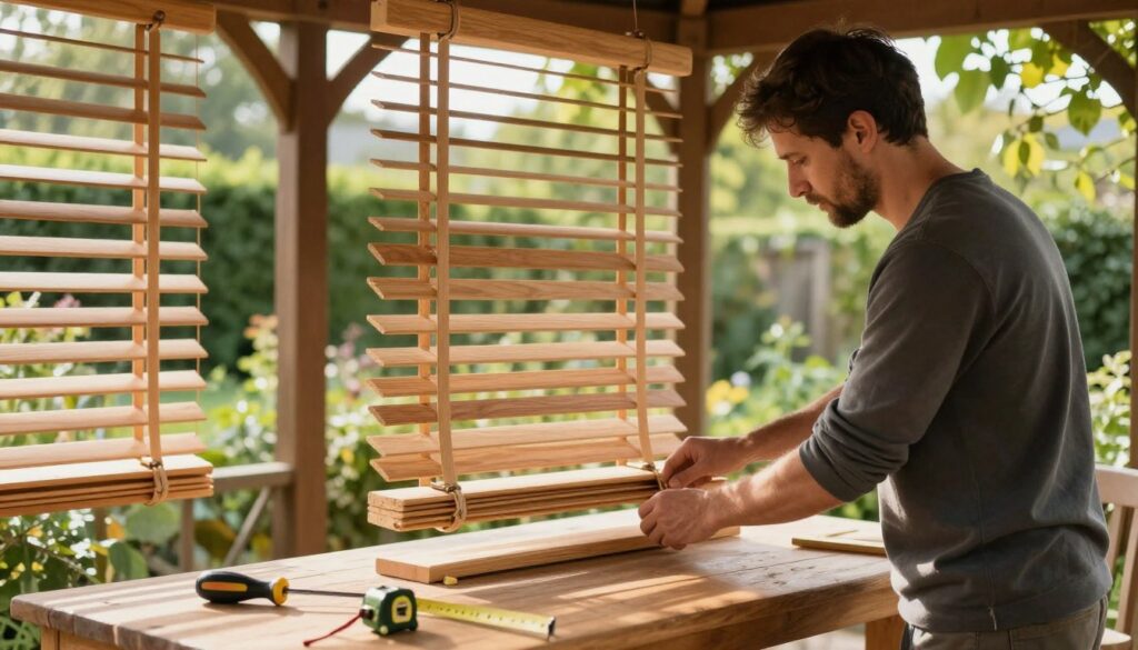 A skilled craftsman in modest casual clothing is intently focused on installing movable slats of wooden blinds in a cozy garden gazebo. In the foreground, tools such as a screwdriver and measuring tape rest on a wooden work surface. The middle ground features partially mounted wooden slats, with one slat being adjusted to fit perfectly, showcasing a blend of craftsmanship and functionality. In the background, vibrant greenery surrounds the gazebo, filtering soft sunlight that creates a warm and inviting atmosphere. The scene is captured from an angle that highlights both the detail of the installation and the serene garden setting, with natural light enhancing the texture of the wood and surrounding foliage. A skilled craftsman in modest casual clothing is intently focused on installing movable slats of wooden blinds in a cozy garden gazebo. In the foreground, tools such as a screwdriver and measuring tape rest on a wooden work surface. The middle ground features partially mounted wooden slats, with one slat being adjusted to fit perfectly, showcasing a blend of craftsmanship and functionality. In the background, vibrant greenery surrounds the gazebo, filtering soft sunlight that creates a warm and inviting atmosphere. The scene is captured from an angle that highlights both the detail of the installation and the serene garden setting, with natural light enhancing the texture of the wood and surrounding foliage.