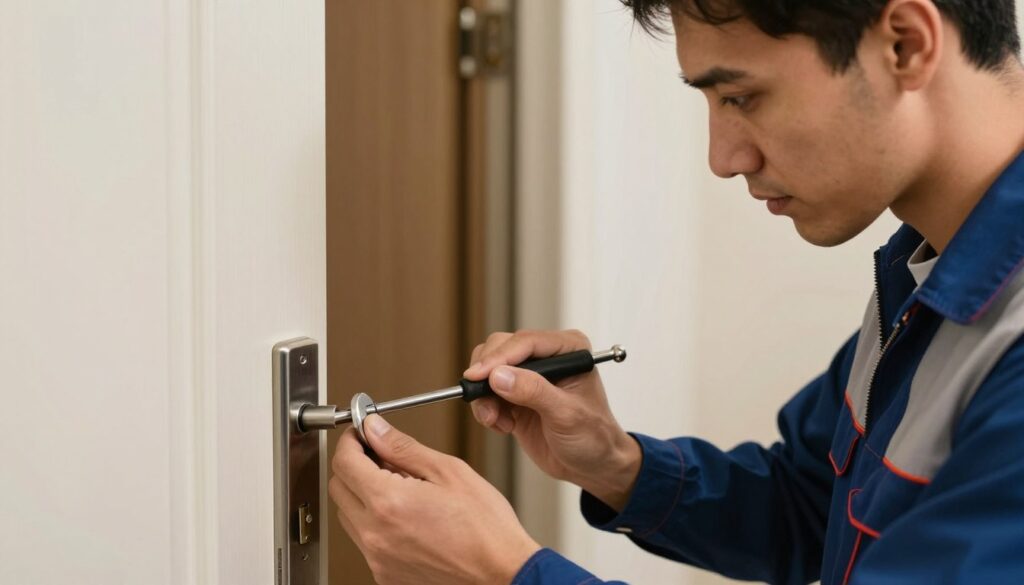 A skilled locksmith wearing a professional outfit is expertly opening a door lock using a tension wrench and a pick. The foreground features close-up details of the unlocking tools in action, showing the locksmith's focused expression and steady hands. In the middle background, there is a partially open door revealing a dimly lit hallway, emphasizing the tension of the moment. The setting is well-lit with soft, warm light that creates an atmosphere of trust and expertise. Subtle shadows accentuate the locksmith's careful movements and the intricate details of the lock. The overall mood is professional and serious, reflecting the important role of a locksmith in emergencies.