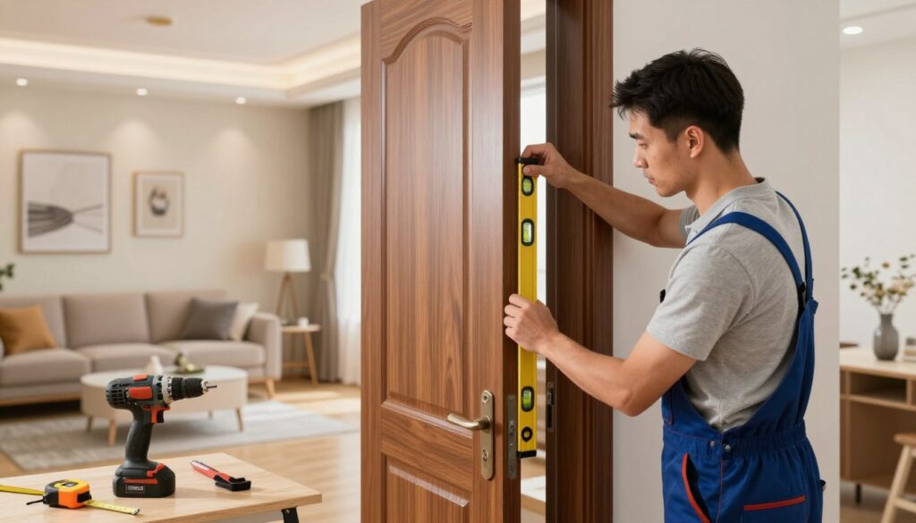 A skilled tradesperson installing interior doors in a well-lit, modern home setting. In the foreground, the installer, dressed in professional work attire, is focused on aligning a sleek, wooden door within its frame, using a level tool for precision. The middle ground features various tools like a power drill and measuring tape placed neatly on a workbench. The background reveals a beautifully decorated living room with warm lighting, showcasing completed elements like a cozy sofa and tasteful wall art. The atmosphere conveys professionalism and attention to detail, emphasizing the importance of quality in door installation. The setting is bright and inviting, radiating a sense of home improvement and craftsmanship. A skilled tradesperson installing interior doors in a well-lit, modern home setting. In the foreground, the installer, dressed in professional work attire, is focused on aligning a sleek, wooden door within its frame, using a level tool for precision. The middle ground features various tools like a power drill and measuring tape placed neatly on a workbench. The background reveals a beautifully decorated living room with warm lighting, showcasing completed elements like a cozy sofa and tasteful wall art. The atmosphere conveys professionalism and attention to detail, emphasizing the importance of quality in door installation. The setting is bright and inviting, radiating a sense of home improvement and craftsmanship.