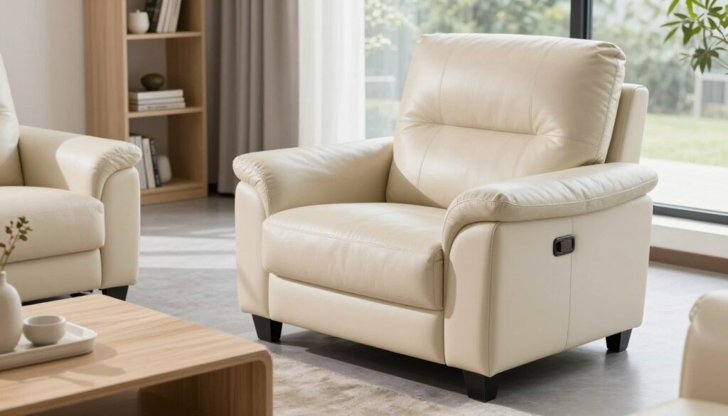 A sophisticated living room featuring elegant leather furniture, showcasing a sleek cream-colored armchair and a stylish light wood coffee table. The armchair is illuminated softly by natural light streaming through a large window, casting gentle shadows that highlight the texture of the leather. In the background, a minimalist bookshelf filled with decorative items complements the overall aesthetic. The atmosphere is warm and inviting, suggesting a cozy, well-designed space. Emphasize the cleanliness and newness of the leather upholstery, underscoring the importance of care in maintaining light-colored finishes. Capture the scene from a slightly elevated angle to give depth while maintaining focus on the stylish furniture.